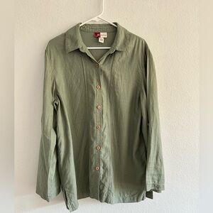 JM Collection Green Linen Long Sleeve Button Up Blouse Women Size 14